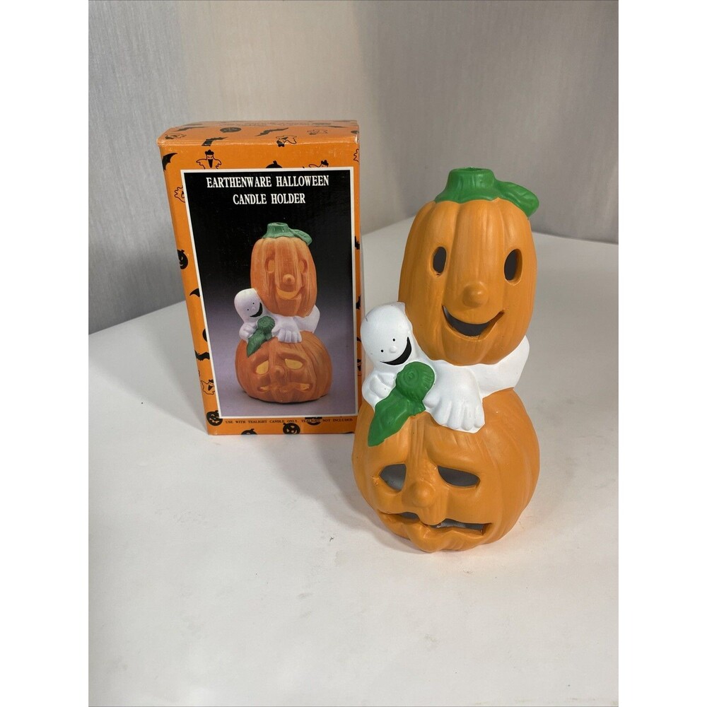 Ceramic Ghost Pumpkin VINTAGE Halloween Candle Holder Decor 7.5” UNUSED